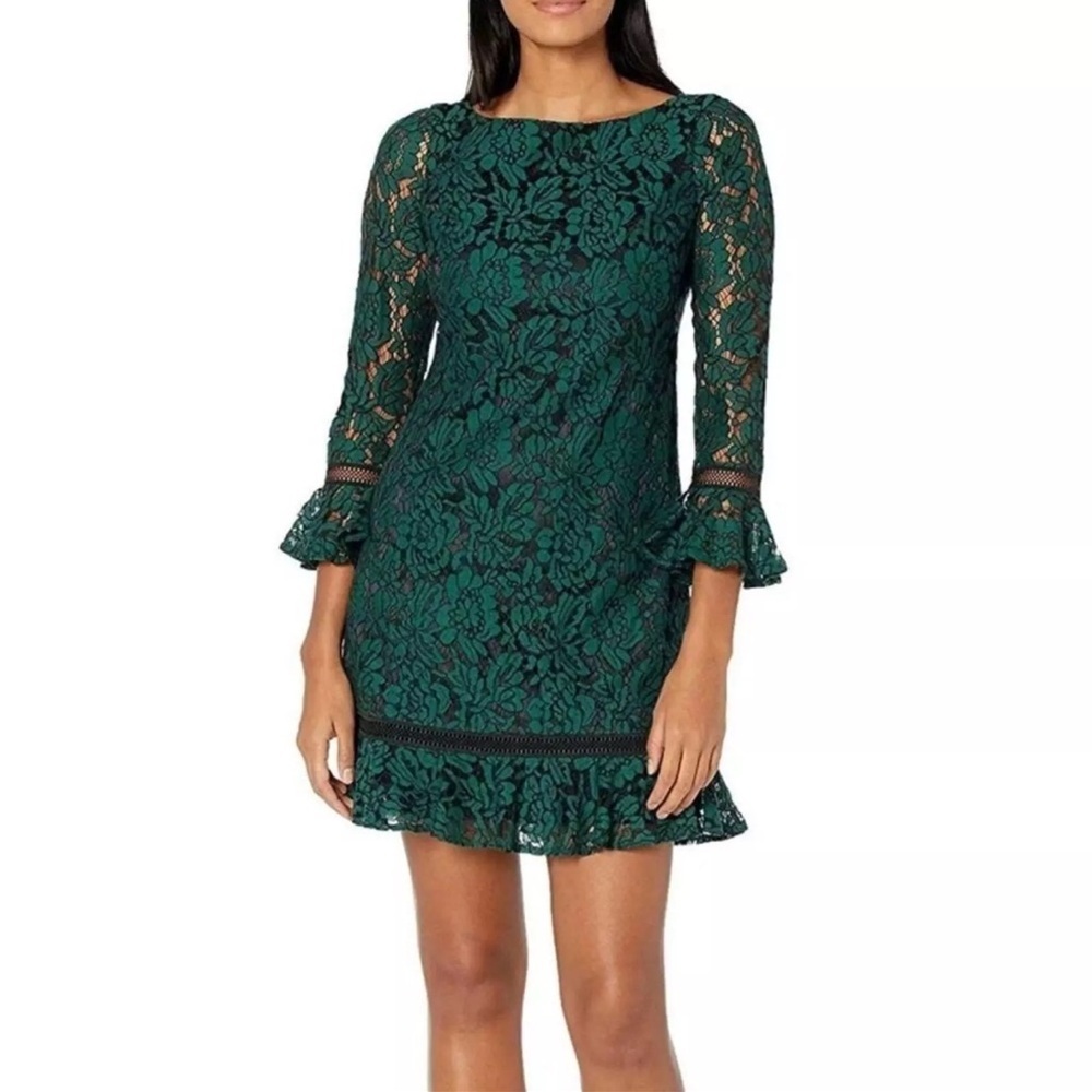 Eliza J. Bell Sleeve Lace‎ Shift Dress Dark Green and Black